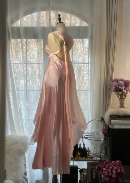 Elegant Pink V Neck Sheath Satin Vintage Long Party Dress Evening Gown, D730