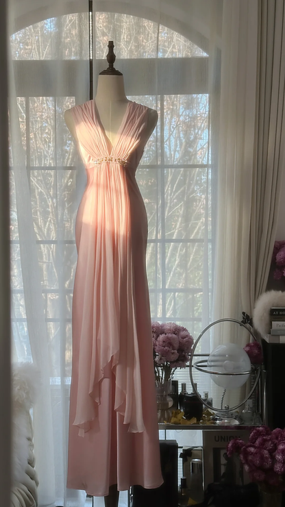 Elegant Pink V Neck Sheath Satin Vintage Long Party Dress Evening Gown, D730