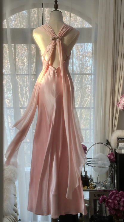 Elegant Pink V Neck Sheath Satin Vintage Long Party Dress Evening Gown, D730