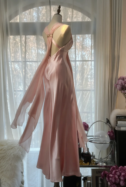 Elegant Pink V Neck Sheath Satin Vintage Long Party Dress Evening Gown, D730