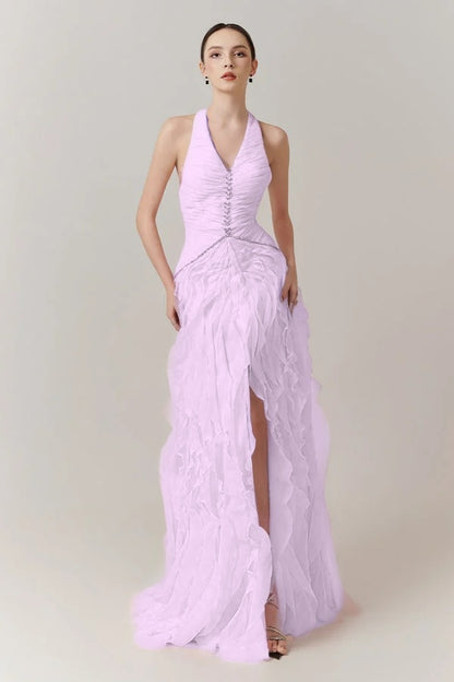 Blushing Pink Halter Strap Pleated V-Neck Split Evening Dress With Beads