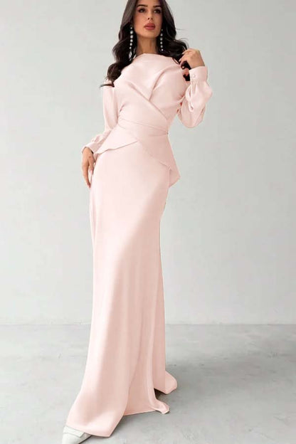 Glamorous Champagne Satin Long Sleeves Jewel Neck Slim Prom Dress