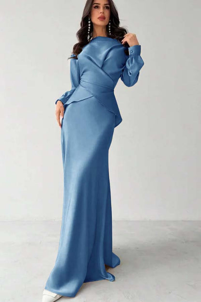 Glamorous Champagne Satin Long Sleeves Jewel Neck Slim Prom Dress