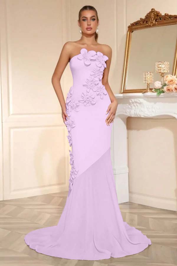 Elegant Sleeveless Satin Square Strapless Mermaid Prom Dress With Handmade Flower