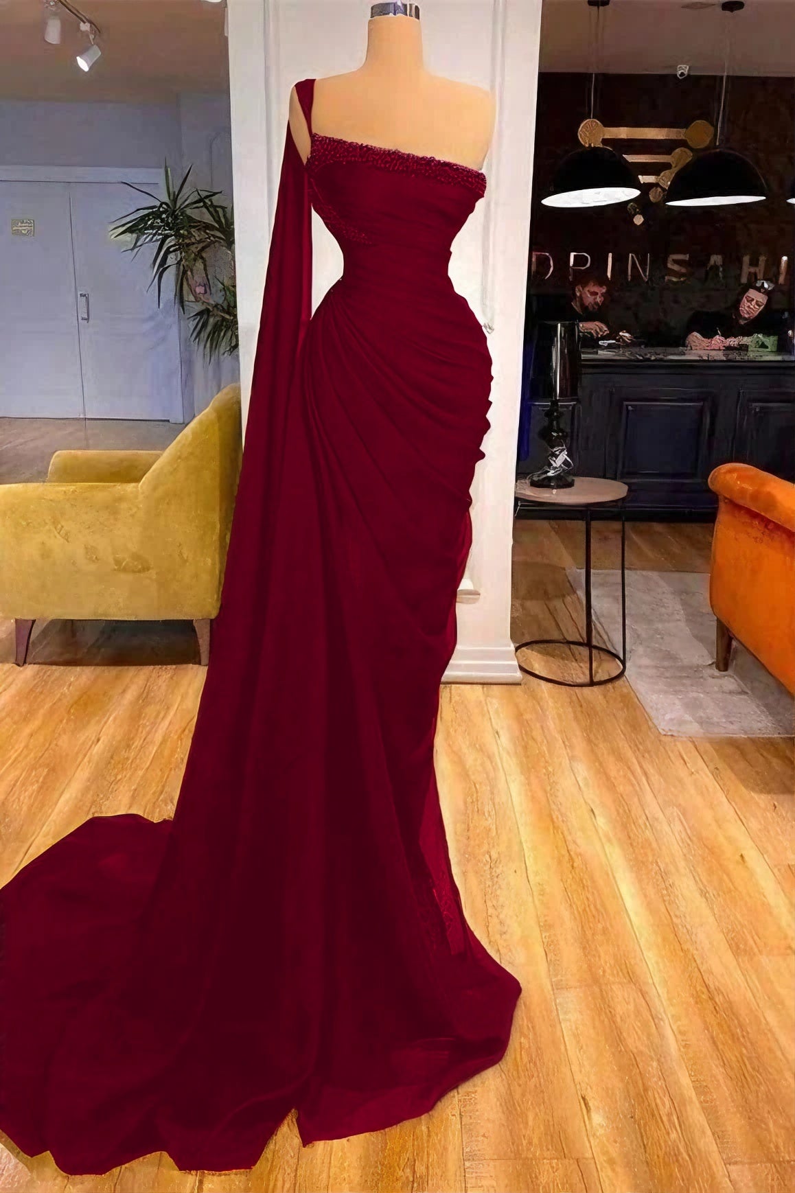 One Shoulder Mermaid Ideal Black Prom Dress With Beads