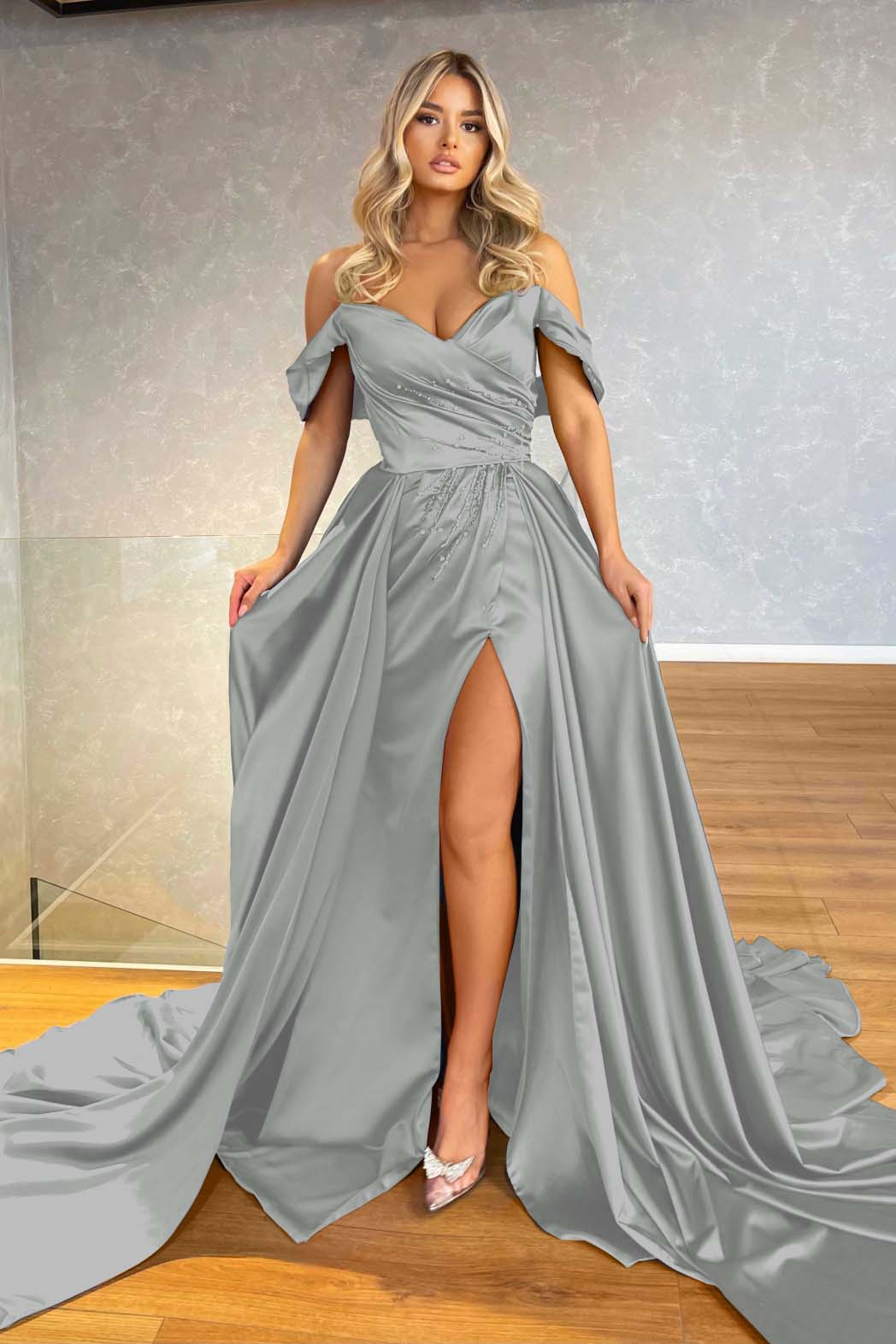 Blue Off-the-Shoulder Split Prom Dress Overskirt With Beadings