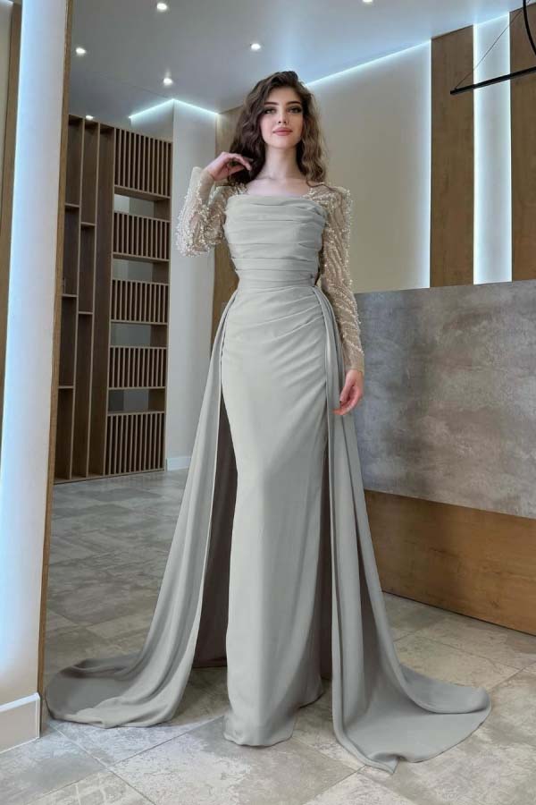 Gentle Beaded Long Sleeves Prom Dress With Detachable Trail
