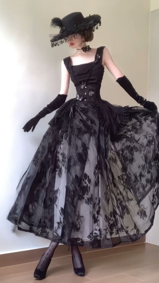 Vintage Black A Line Lace Satin Evening Dress Party Dress Date Dress SH3477