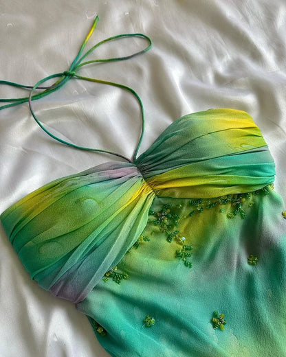 Colorful A Line Halter Beaded Chiffon Open Back Prom Dress Evening Dress SH2148