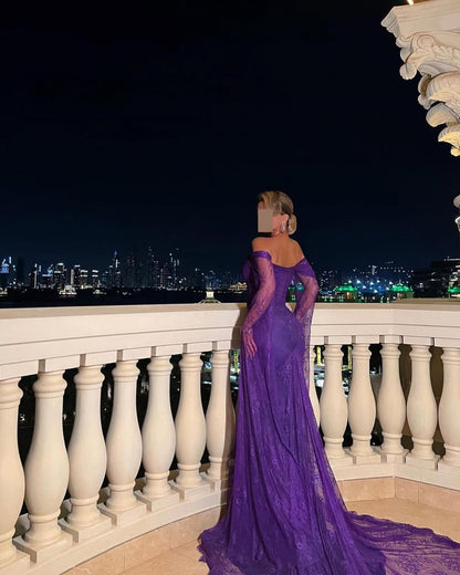 Stunning Purple Lace Embroidery Slim Long Sleeves Prom Dress with Train