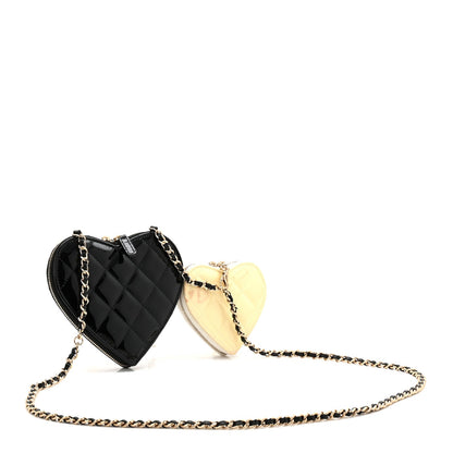 Patent Calfskin Resin Quilted CC Heart Clutch With Chain  Black