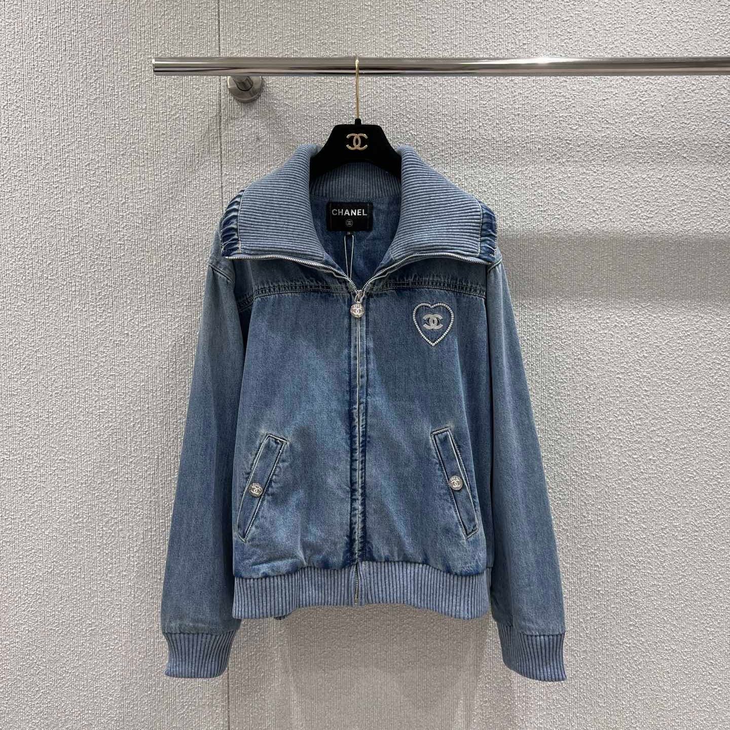 CC 25M Embroidered Lapel Denim Jacket Blue Cotton
