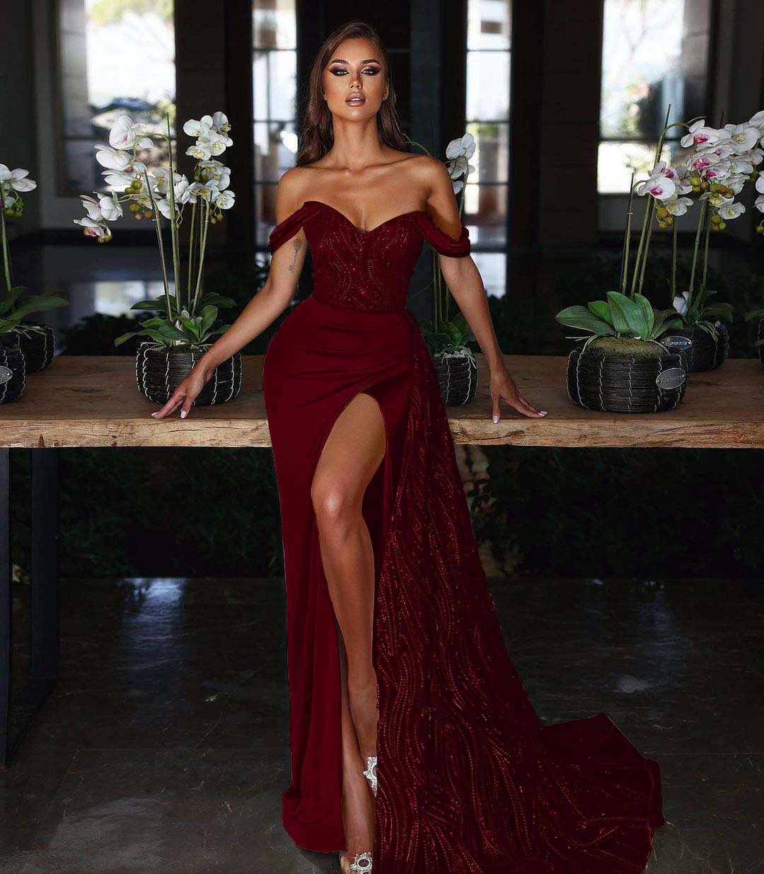 Ligth Blue Off-the-shoulder Mermaid Evening Dress Long Slit with Sequins Ruffles
