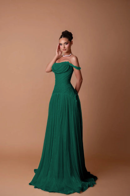 Charming White Off-the-Shoulder A-Line Evening Dress in Chiffon Pleated