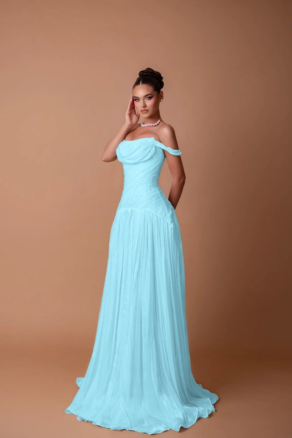 Charming White Off-the-Shoulder A-Line Evening Dress in Chiffon Pleated