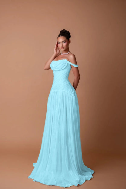 Charming White Off-the-Shoulder A-Line Evening Dress in Chiffon Pleated