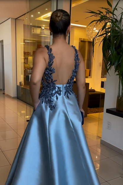 Exquisite Dusty Blue Satin Sleeveless Spaghetti Strap Prom Dress with Beadings