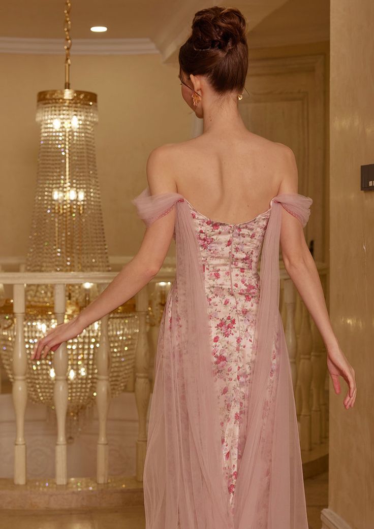 Pink Flowy Print Floral A Line Off the Shoulder Satin Tulle Party Dress Prom Dress SH3599