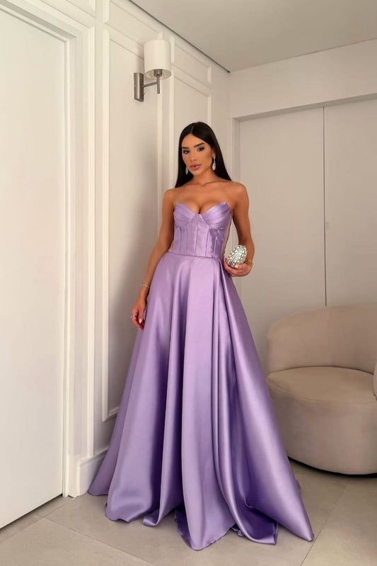 Lilac Sleeveless Strapless A-Line V-Neck Pleated Prom Dress