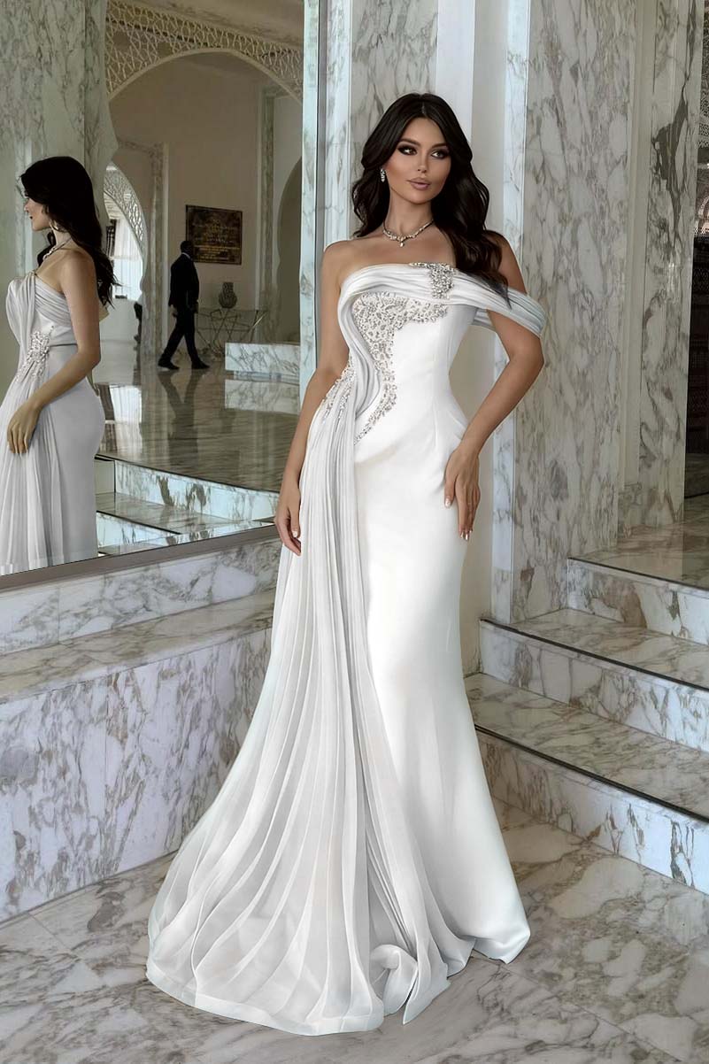 Elegant Pink Satin One Shoulder Beaded Strapless Prom Dress with Train