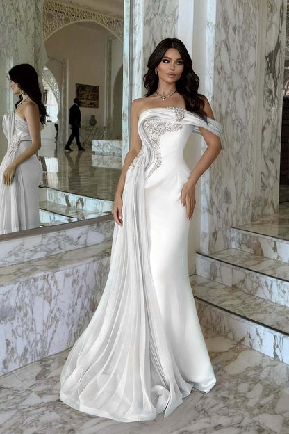 Elegant Pink Satin One Shoulder Beaded Strapless Prom Dress with Train
