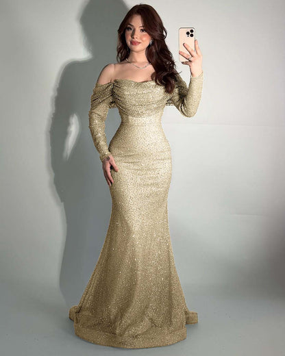 Glamorous Off-The-Shoulder Long Sleeves Beads Mermaid Prom Dress