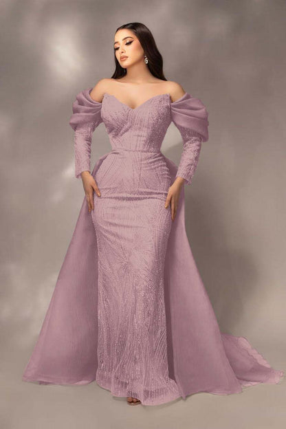Glamorous Sequins Off the Shoulder Long Sleeves Mermaid Prom Dress with Pleated