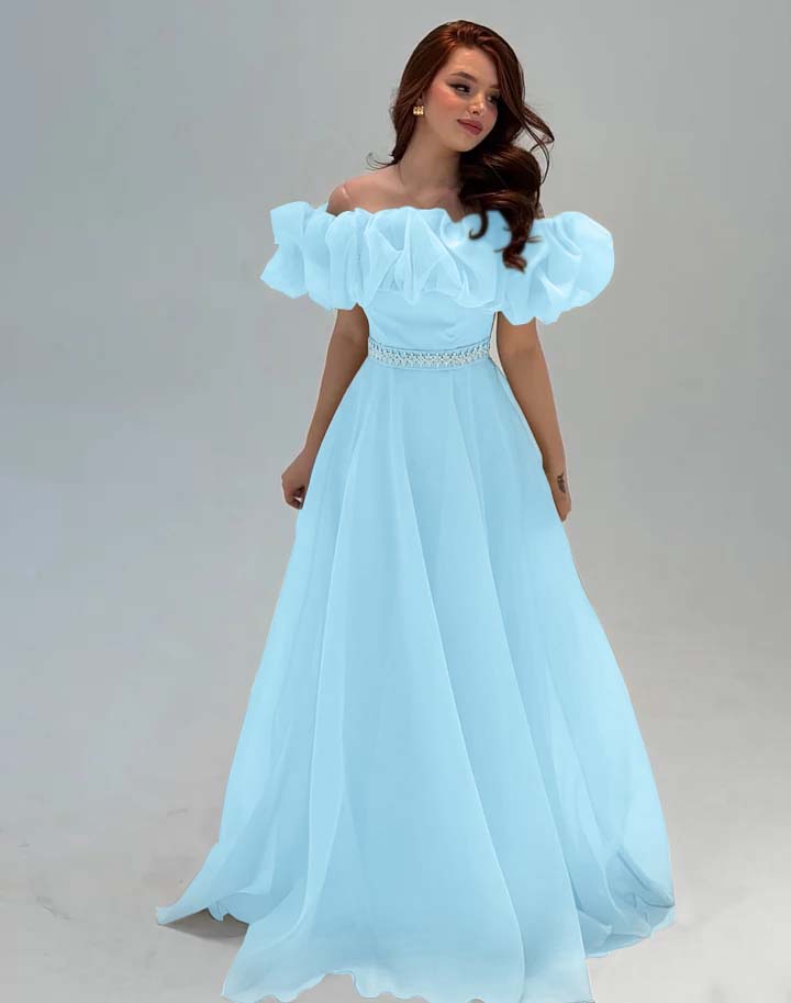 Fashionable Off-The-Shoulder Rhinestone A-Line Tulle Evening Dress