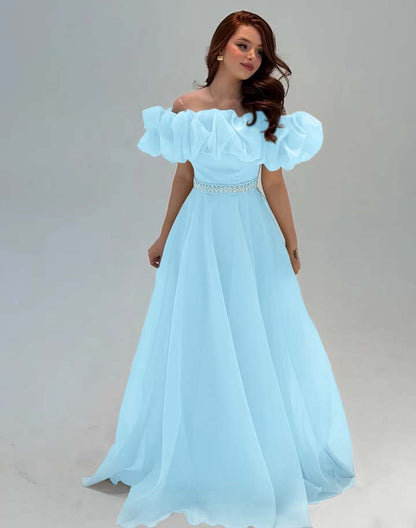 Fashionable Off-The-Shoulder Rhinestone A-Line Tulle Evening Dress