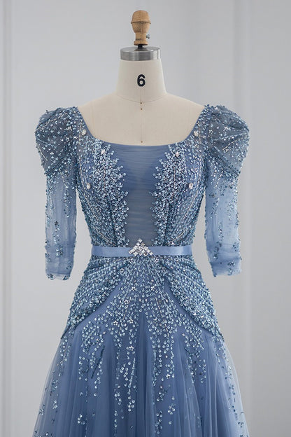 Blue Square Collar A Line Tulle Evening Dress Floor Length With Appliques