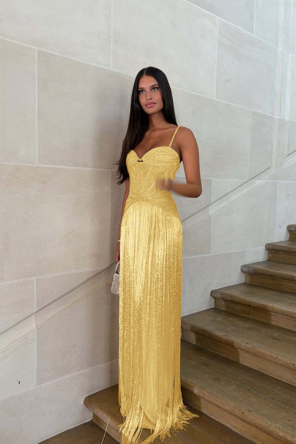 Elegant Sequin Fringe Long Sleeveless Prom Dress with Spaghetti Straps