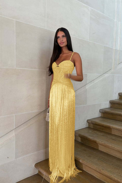 Elegant Sequin Fringe Long Sleeveless Prom Dress with Spaghetti Straps