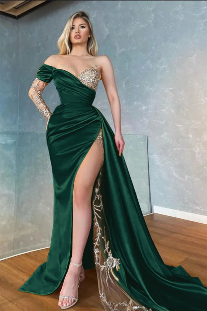 Split Mermaid Appliques Prom Dress Long With Ruffles Sweetheart Long Sleeve Yellow