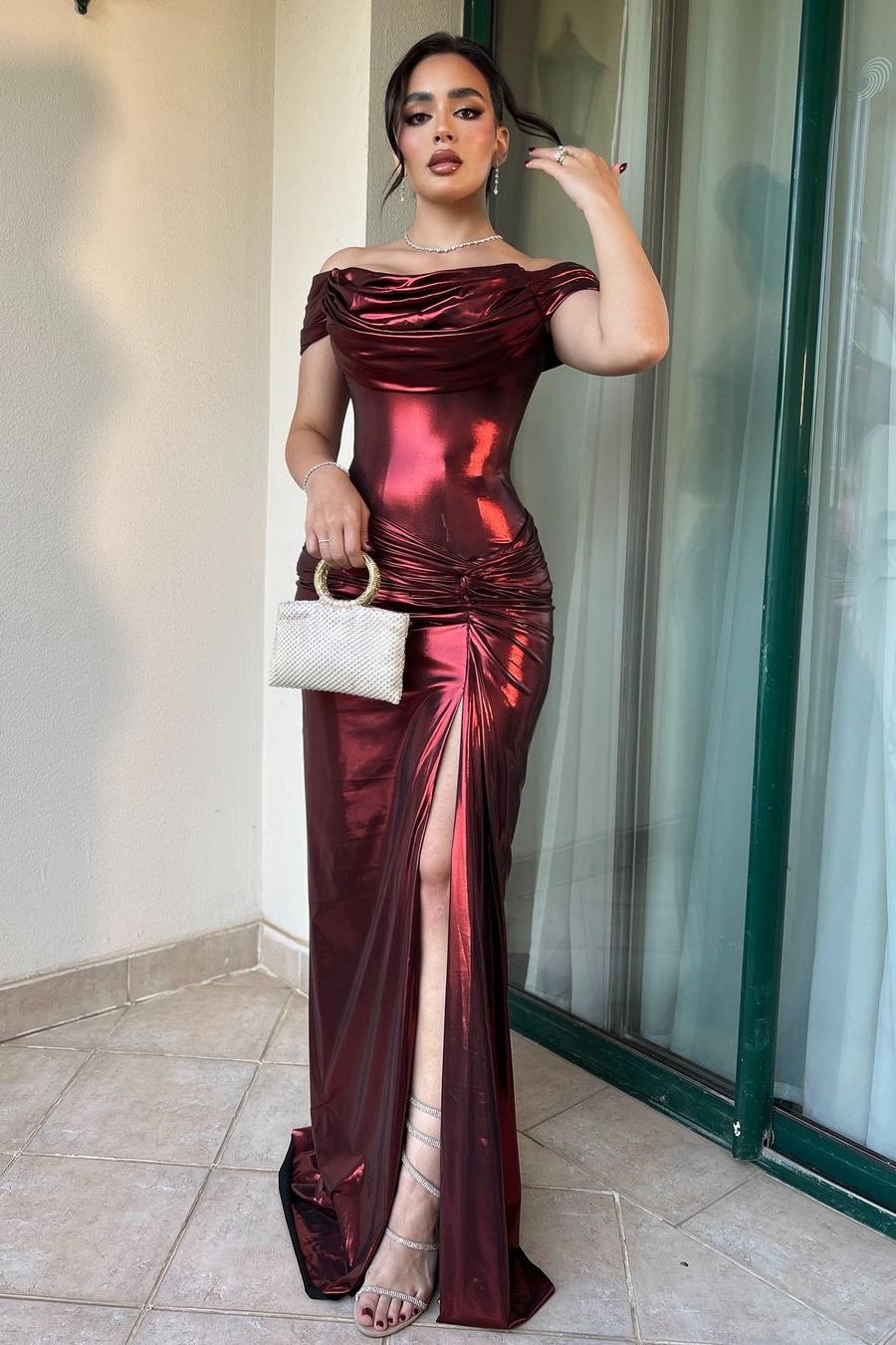 Glamorous Off the Shoulder Strapless Pleated Long Slim Prom Dress with Split