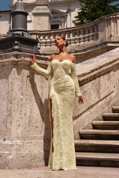 Champagne Lace Strapless Split Prom Dress With Long Sleeves