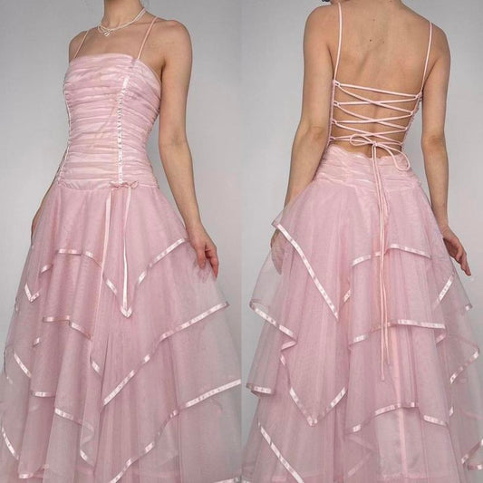 Pink Vintage A Line Spaghetti Straps Layered Tulle Prom Dress Party Dress SH3662