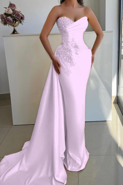 Sleeveless Strapless V Neck Mermaid Beaded Prom Dress With Tail