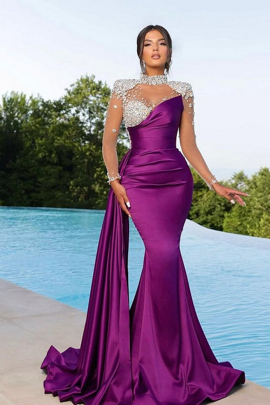 Chic Long Sleeves  Beaded Satin Mermaid Prom Dress with Ruffles