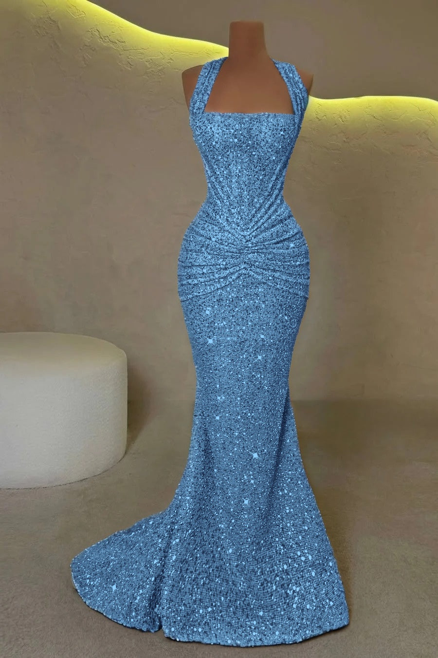 Gold Sleeveless Halter Straps Mermaid Prom Dress With Sequins