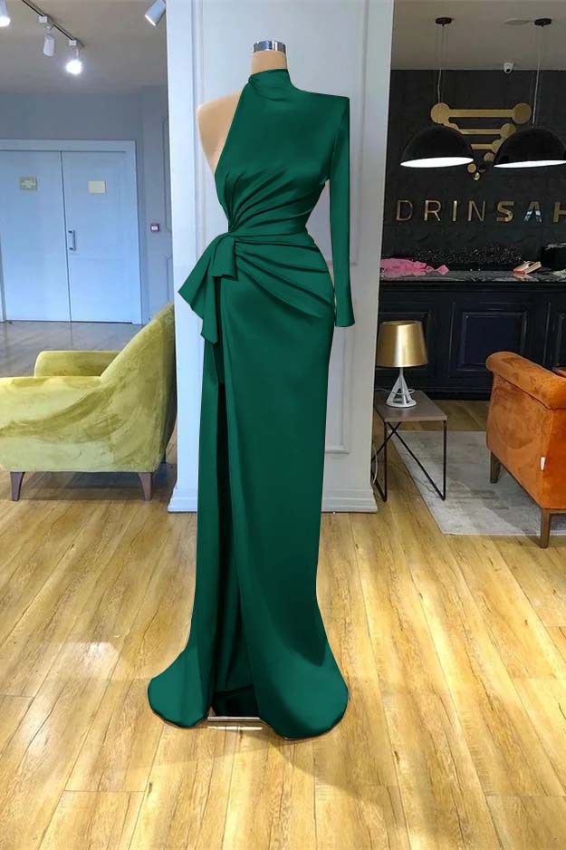 High Neck Champagne Mermaid Prom Dress Long Sleeves Split