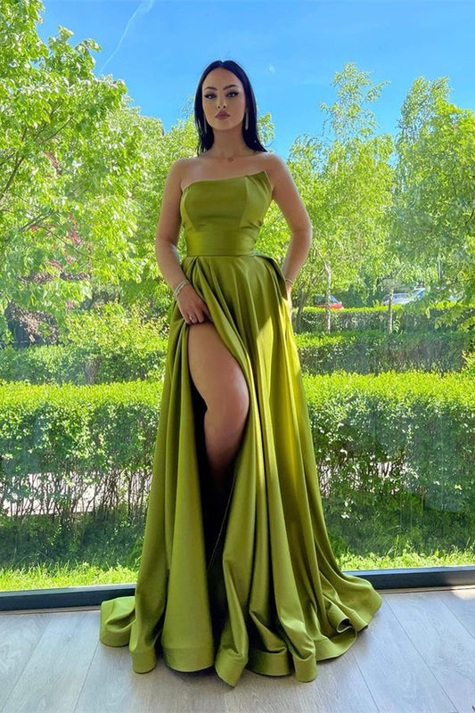 Elegant Strapless A-Line Prom Dress Green With Slit