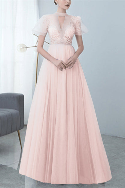 Grey Long Evening Dress Bowknot Tulle With High Collar Appliques