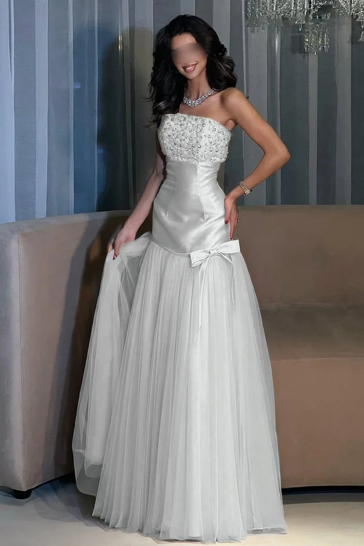Charming Candy Pink Satin Tulle Sleeveless Strapless Long Evening Dress with Beadings
