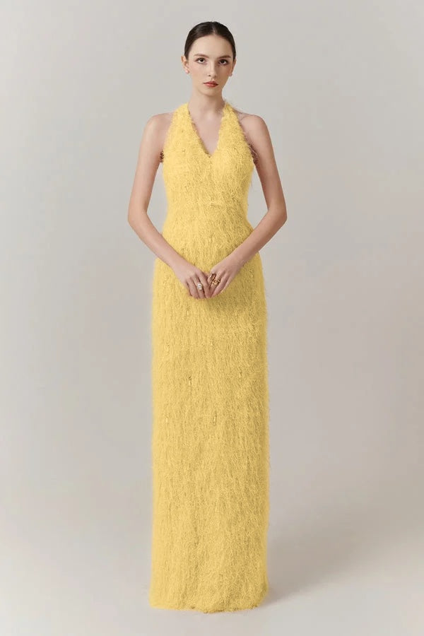 Sleeveless Halter Straps V-Neck Feathered Mermaid Evening Dress with Pearl Details