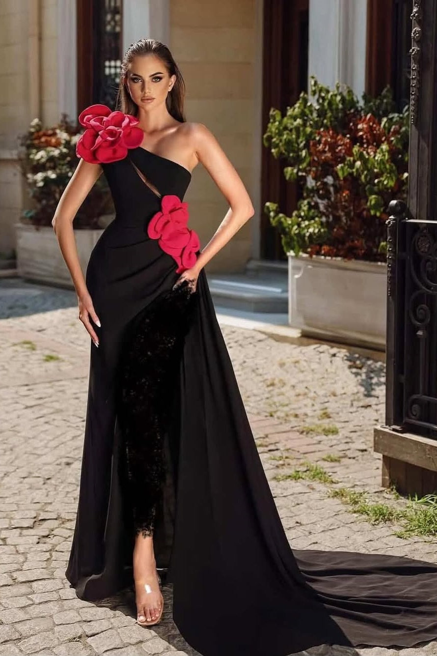 Black Strapless Sleeveless Mermiad Prom Dress With Handmade Flower