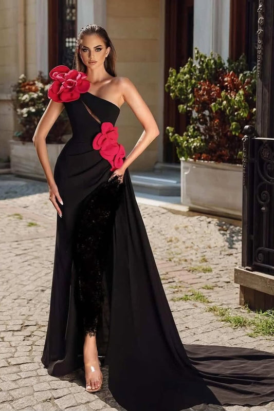Black Strapless Sleeveless Mermiad Prom Dress With Handmade Flower
