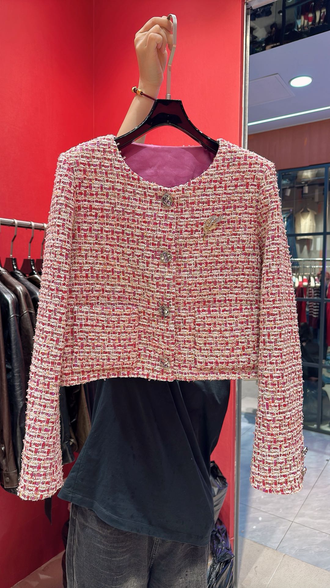 CC 25F Crew Neck Brooch Jacket Pink Cotton