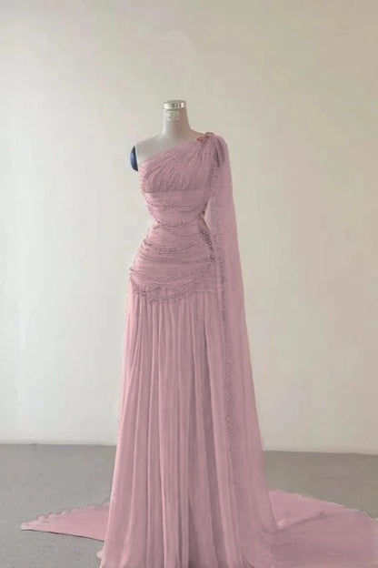 Glamorous Pink Sleeveless One Shoulder Long Evening Dress With Train