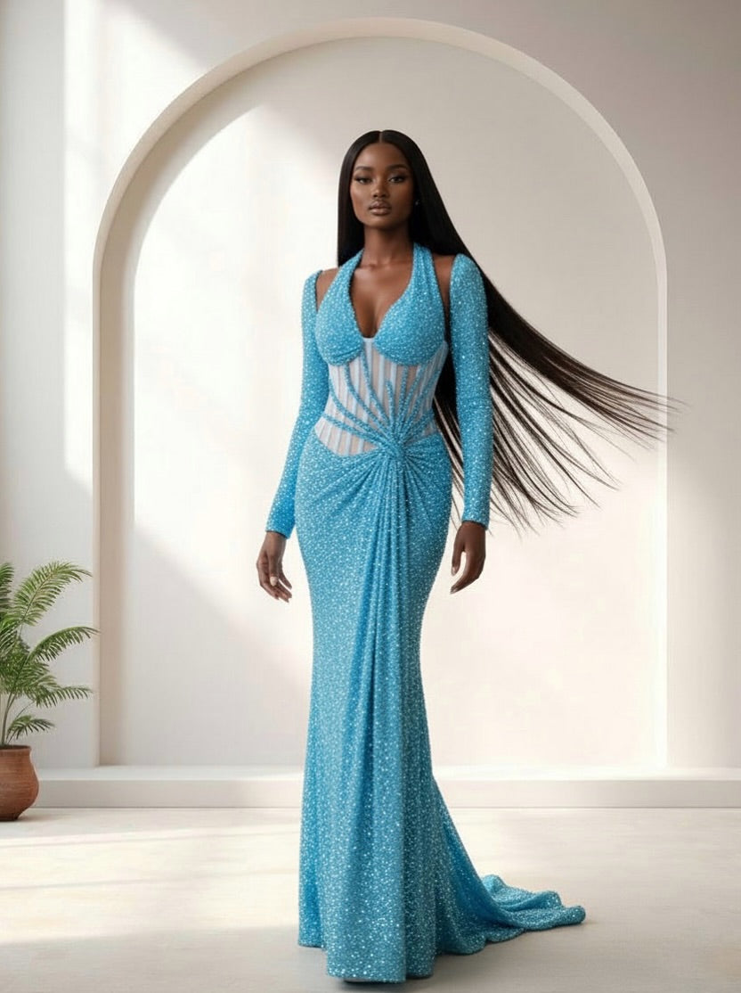 Chic Long Sleeves Halter Straps Mermaid V-Neck Long Prom Dress