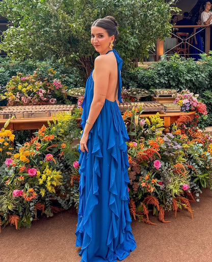 Hierarchical Blue Sleeveless Halter Straps Prom Dress